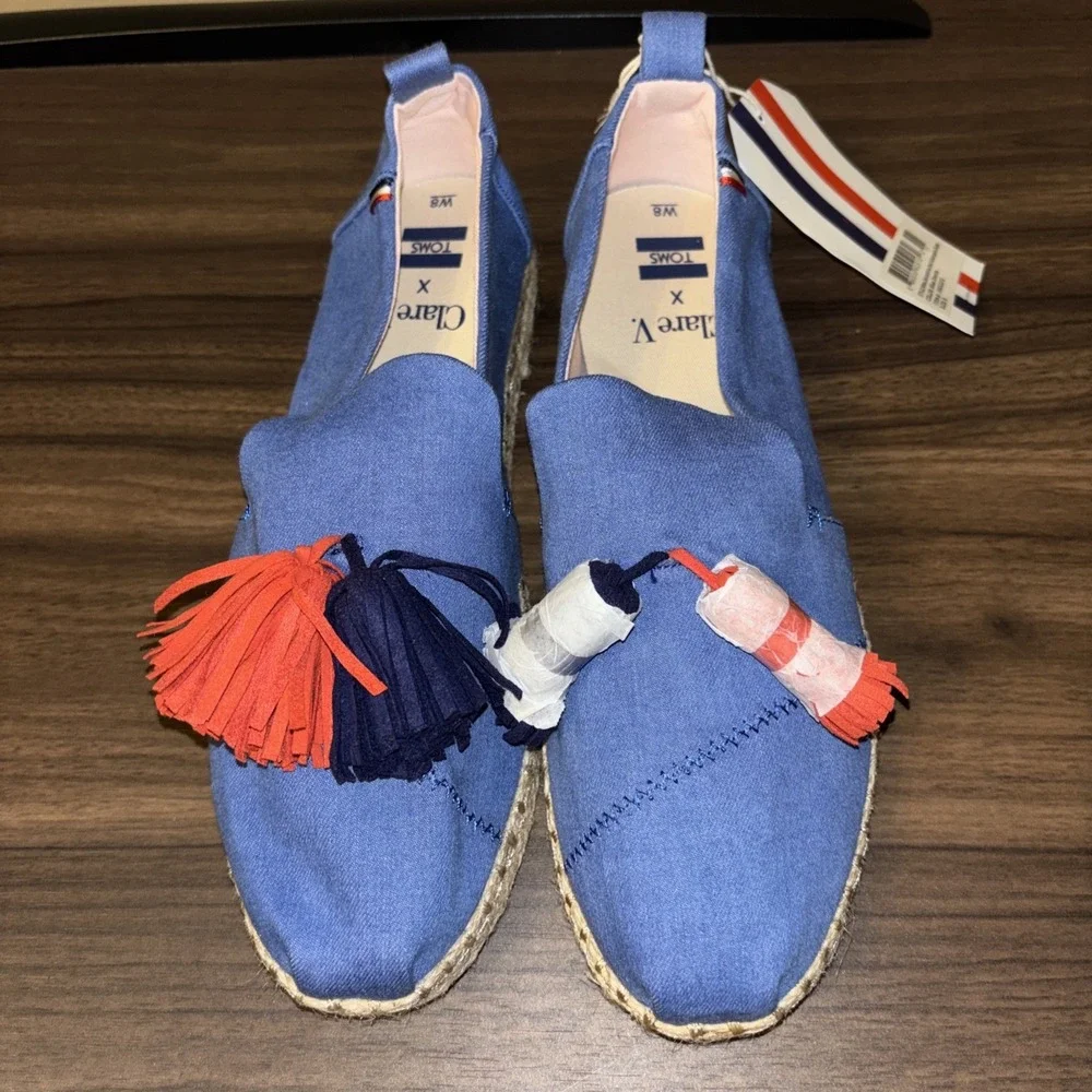 TOMS x Clare V. Sz 8 Deconstructed Alpargata Denim Tassel Espadrille Flats